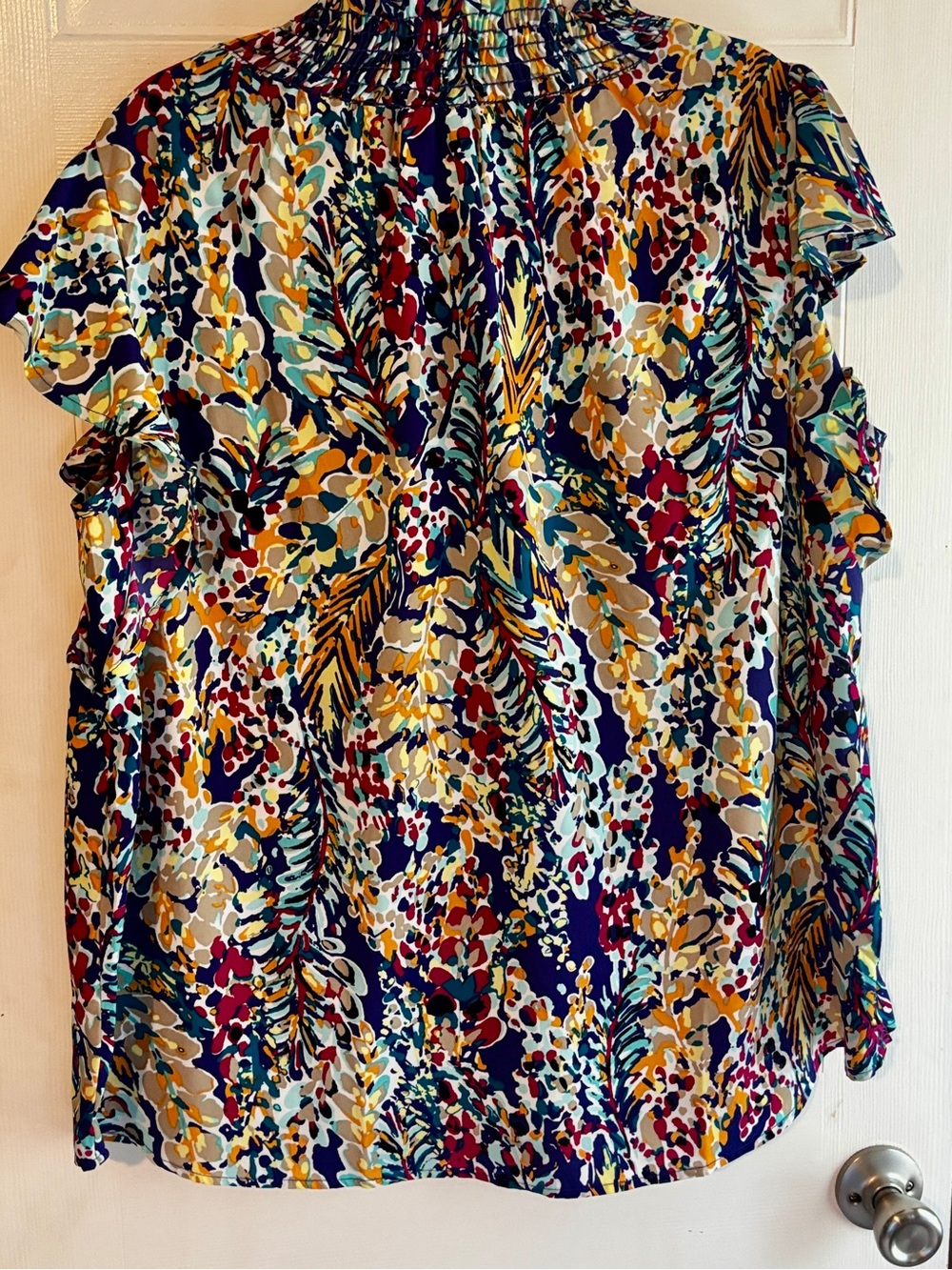 Chic Soul 2X Colorful Floral Ruffle Sleeve Smocked Neck Blouse - Picture 2 of 10